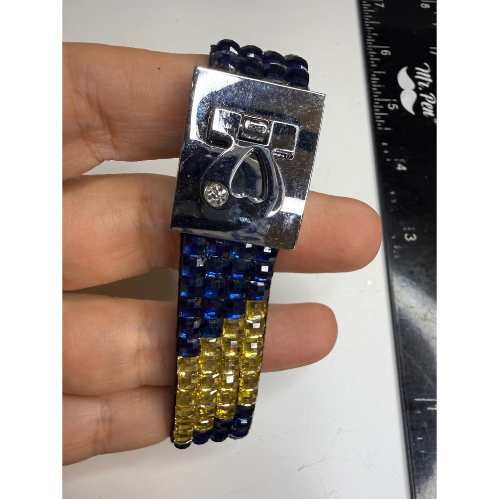 Blue Yellow Crystal Magnetic Cuff Bracelet Silver Tone Heart Clasp Rhinestone